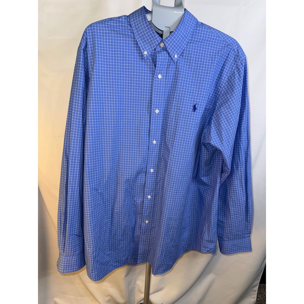 Polo Ralph Lauren Mens XXL Blue White Check Classic Fit Cotton Stretch Shirt